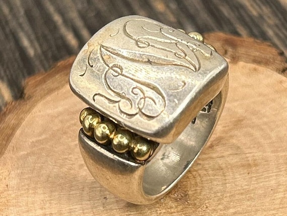 Lagos Caviar Signature Ring Sterling Silver 18k Gold Monogram Inscribed