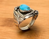 Unique Vintage Navajo Native American Turquoise Sterling Silver Ring – Eagle Feather Design