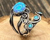 Vintage Israeli Sterling Silver Artisan Opal Statement Ring | Ornate Swirl Design, Size 6 3/4