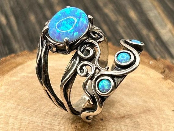 Vintage Israeli Sterling Silver Artisan Opal Statement Ring | Ornate Swirl Design, Size 6 3/4