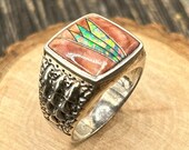 Mens Opal Inlay Ring, Southwestern Sterling Silver, Vintage Spiny Oyster Ring, Size 11, Native American
