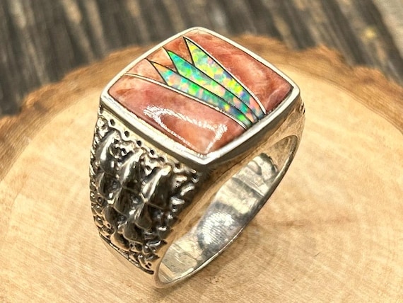 Mens Opal Inlay Ring, Southwestern Sterling Silver, Vintage Spiny Oyster Ring, Size 11, Native American