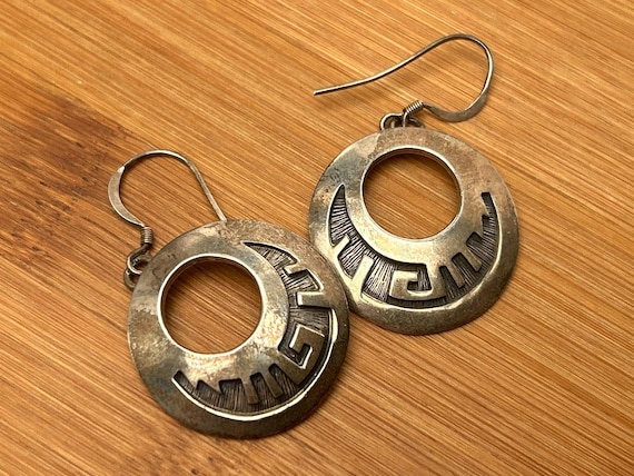 Vintage Sterling Silver Southwestern Earrings, Native American Style Jewelry, Hoop Earrings