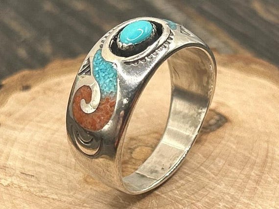 Vintage Navajo Turquoise & Coral Silver Ring, Circle J.W. Sterling, Size 11, Handcrafted Southwestern Jewelry