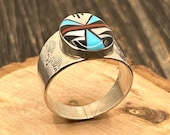 Vintage Zuni Sterling Silver Inlay Ring, Size 13 1/2, 10.4 Grams, Native American Handmade Jewelry