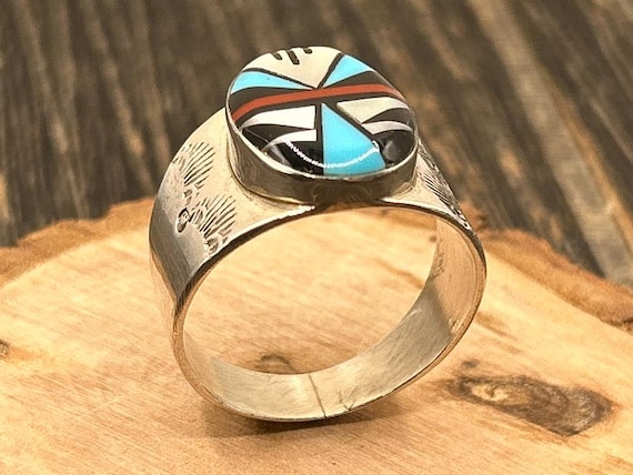 Vintage Zuni Sterling Silver Inlay Ring, Size 13 1/2, 10.4 Grams, Native American Handmade Jewelry