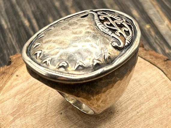Silpada Oversized Sterling Silver, Hammered Shield Statement Ring, Tribal Style Wide Band
