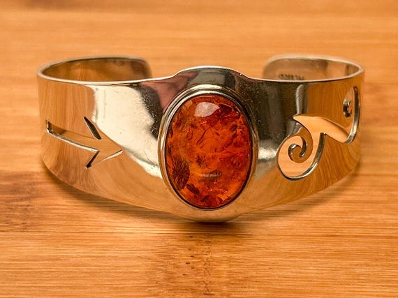 Vintage Mexico 925 Sterling Silver Amber Gem Bracelet – Unique Cutout Design & Artisan Craftsmanship