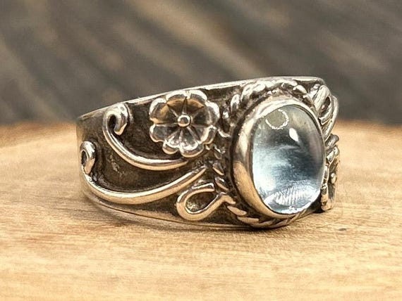 Vintage Sterling Silver Blue Glass Ring Size 7 Floral Flower Boho Jewelry