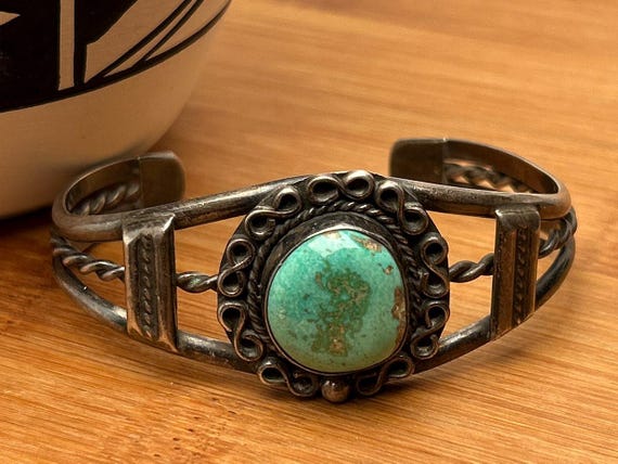 Vintage Sterling Silver Turquoise Cuff Bracelet 6 5/8" - Southwest Native American Style Artisan LW