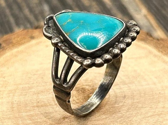 Authentic Vintage Navajo Turquoise Ring, Sterling Silver Southwestern Statement Jewelry, Size 7 1/4