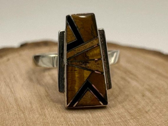 Vintage Southwestern Inlay Ring Size 8 Brown Tigers Eye Picture Jasper Onyx 925 Sterling Silver Geometric Band