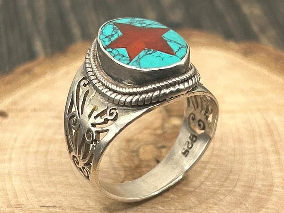 Vintage Turquoise & Red Star Ring, 925 Silver Statement Ring, Southwestern Style Jewelry