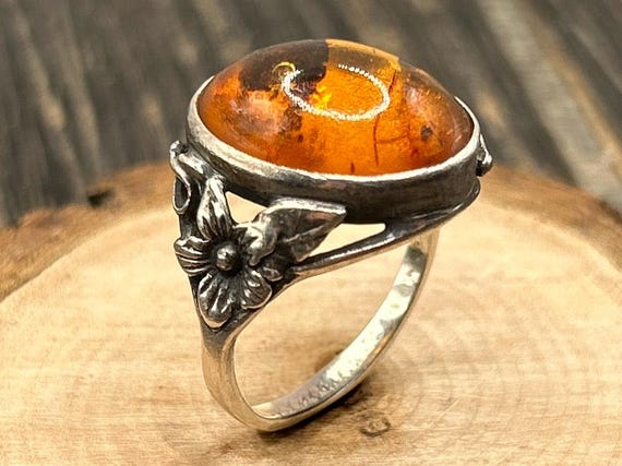 Genuine Amber Sterling Silver Ring Size 9, Vintage Floral Design, Natural Baltic Gemstone