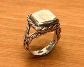 Vintage Rustic Southwestern Sterling Silver Rope Band Ring, Size 9 1/4, Brutalist Hammered Square Detail, 925 Marked