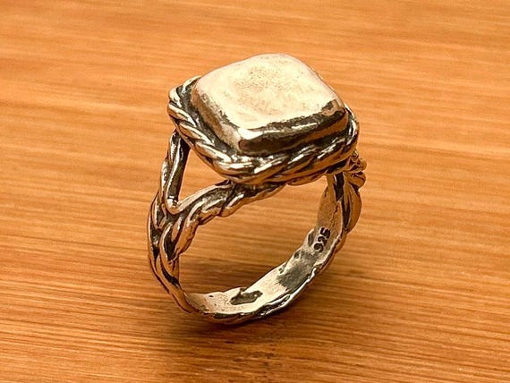 Vintage Rustic Southwestern Sterling Silver Rope Band Ring, Size 9 1/4, Brutalist Hammered Square Detail, 925 Marked