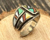 Vintage Sterling Silver Multi-Stone Inlay Statement Ring Native American Zuni Style Size 9 3/4
