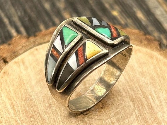 Vintage Sterling Silver Multi-Stone Inlay Statement Ring Native American Zuni Style Size 9 3/4