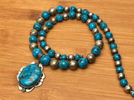 Native American Sterling Turquoise Graduated Bead Necklace and Pendant, Vintage Southwestern Jewelry