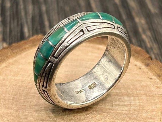 Vintage Southwestern Sterling Silver Turquoise Inlay Band Ring GL Hallmark