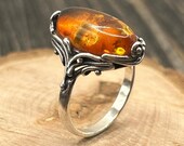 Vintage Sterling Silver Baltic Amber Ring, Size 9