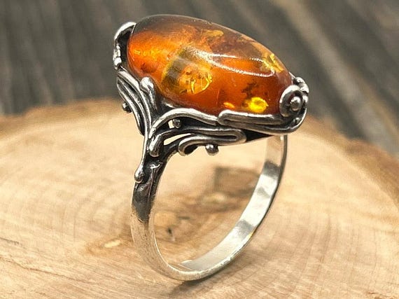 Vintage Sterling Silver Baltic Amber Ring, Size 9