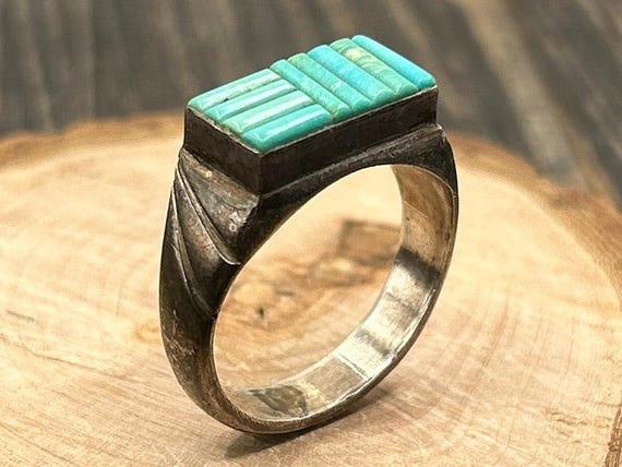 Vintage Sterling Silver Turquoise Inlay Ring, Size 9.25, 7.1g, Zuni Style, Natural Gemstone