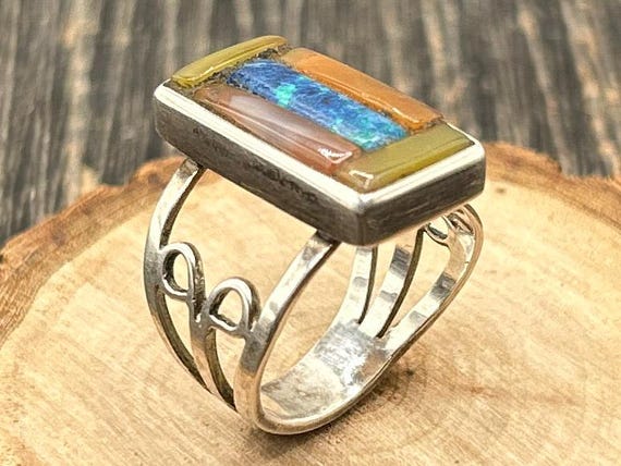 Vintage 1995 LATTA Artisan Sterling Silver Ring | Modernist Southwestern Stone Inlay | Signed Studio Jewelry Size 9