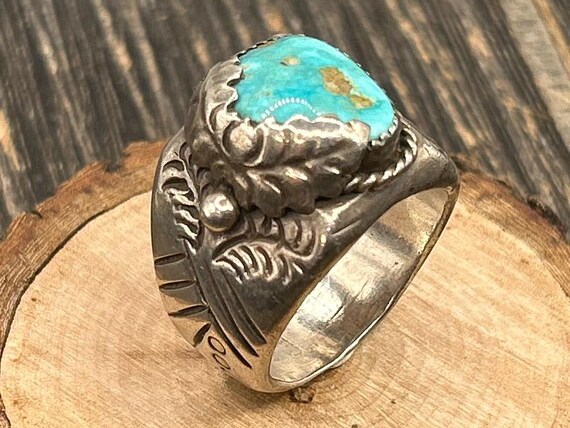 Navajo Turquoise Sterling Silver Men's Ring Signed CE Chris Etsitty Southwest Native American Statement Jewelry
