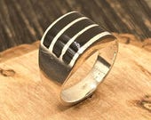 Vintage Taxco Sterling Silver Black Onyx Inlay Ring, Size 8 3/4, Geometric Bold Design, 11.22 Grams Mexican Artisan Jewelry