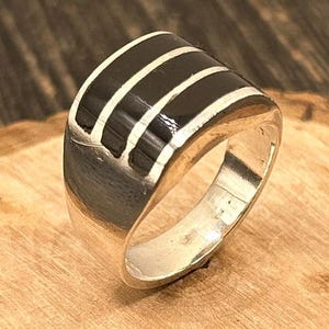 Vintage Taxco Sterling Silver Black Onyx Inlay Ring, Size 8 3/4, Geometric Bold Design, 11.22 Grams Mexican Artisan Jewelry