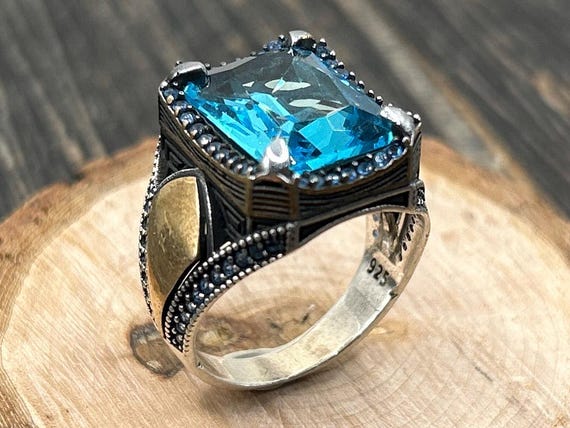 Ottoman Empire Style Blue Aquamarine Stone Ring, 925 Sterling Silver, Men's Ring, Statement Ring, Square Stone Ring, Unique Ring
