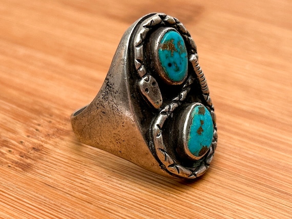 Large Native Sterling Silver Rattlesnake Ring with Turquoise Gems - 26 Grams, Size 12