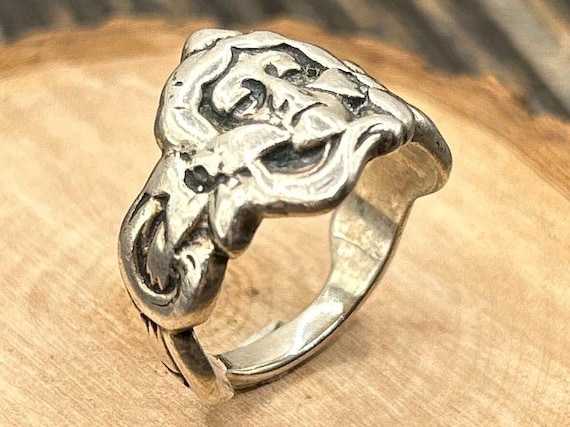 Vintage Sterling Silver Art Nouveau Woman's Face Ring, Size 6 3/4, 6.6g, Partial "STERLING" Mark, Statement Jewelry