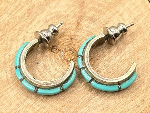 Elegant Nastacio Turquoise Inlay Sterling Silver Hoop Earrings, Signed Native American Jewelry