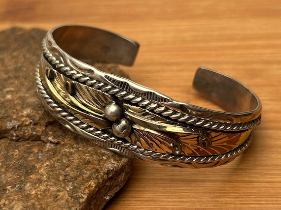 Navajo Herbert Tsosie Sterling Silver Gold Overlay Feather Cuff Bracelet
