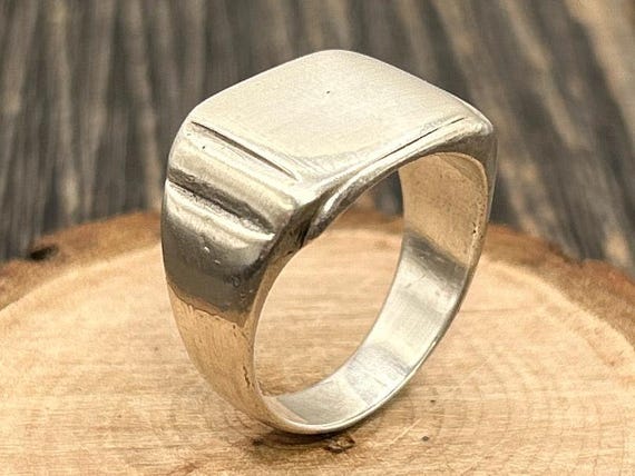 Vintage Heavy Sterling Silver Signet Mens Modernist Rectangular Face Brushed Finish Minimalist Jewelry