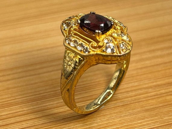 Generations 1912 Weinman Bros Garnet Ring, Gold Vermeil Sterling Silver, Art Deco Filigree Revival