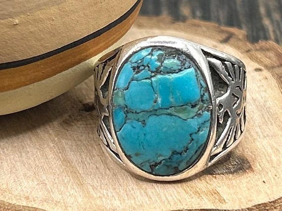 Vintage Navajo Sterling Silver Thunderbird Turquoise Ring, Johnny Pitchlynn Style, Size 9