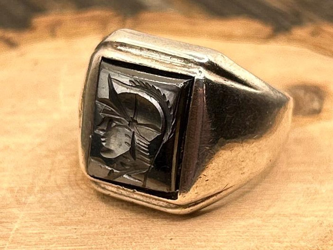 Vintage Sterling Silver Hematite Intaglio Roman Soldier Cameo Ring Size 8 Unique Historical