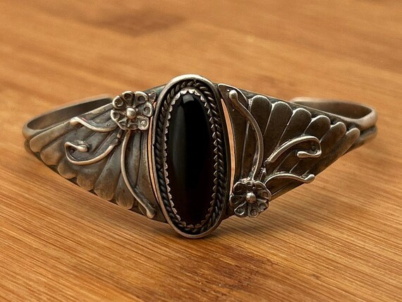 Vintage Navajo Black Onyx Sterling Silver Cuff Bracelet, Handcrafted Southwestern Jewelry, Two-Artist Piece