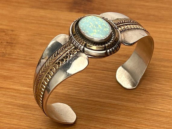 Southwestern Opal Inlay Cuff Bracelet by Navajo Jeweler Wes Craig - 12K Gold Fill & Indian Hand Made Sterling Silver