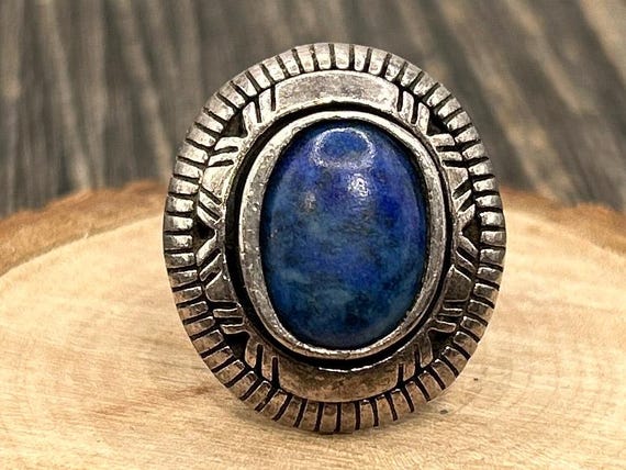 Vintage Sterling Silver Lapis Lazuli Ring Southwest Style Sunburst Stamp Split Shank