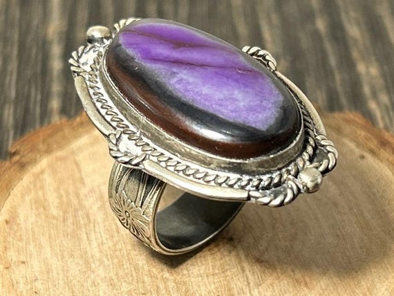 Mabel Watson Signed Navajo Sugilite Ring Adjustable Size 9+ Custom Bypass Floral Band Upcycled Revival