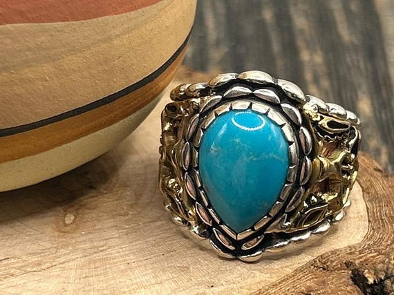 Vintage Carolyn Pollack Relios Sterling Silver & Brass Floral Ring, Size 6 3/4, Turquoise, NOS