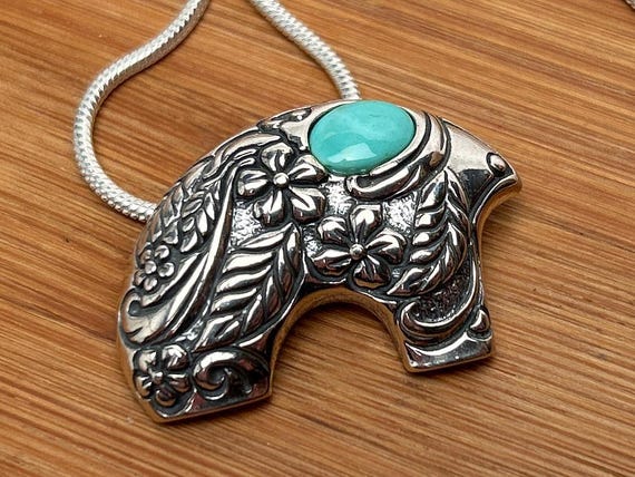 Vintage Relios Sterling Silver Turquoise Pendant Necklace, Southwestern, Floral, Artisan, Statement, NOS