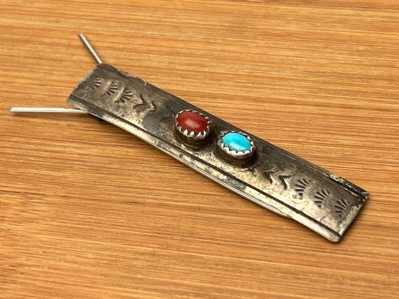 Native American Sterling Silver Hair Barrette with Turquoise and Coral Inlay, FB Sterling