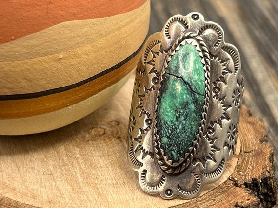 Navajo Sterling Silver Ring Green Turquoise Linda Johnson Signed Vintage Southwest Stamped