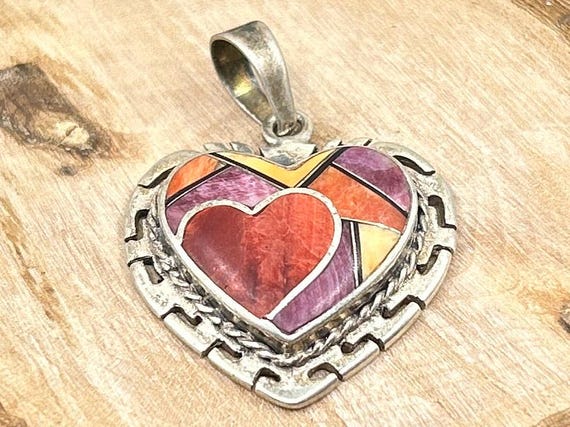 Vintage Sterling Silver Heart Pendant, Inlay, Southwestern, Native, Zuni, Signed