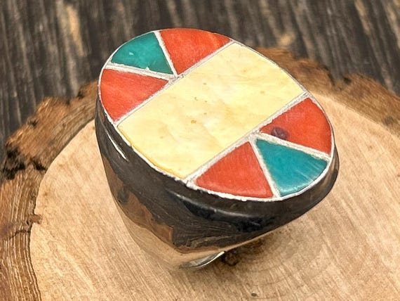 Southwest Inlaid Coral, Mother of Pearl, Turquoise Sterling Silver Ring - Heavy Piece
